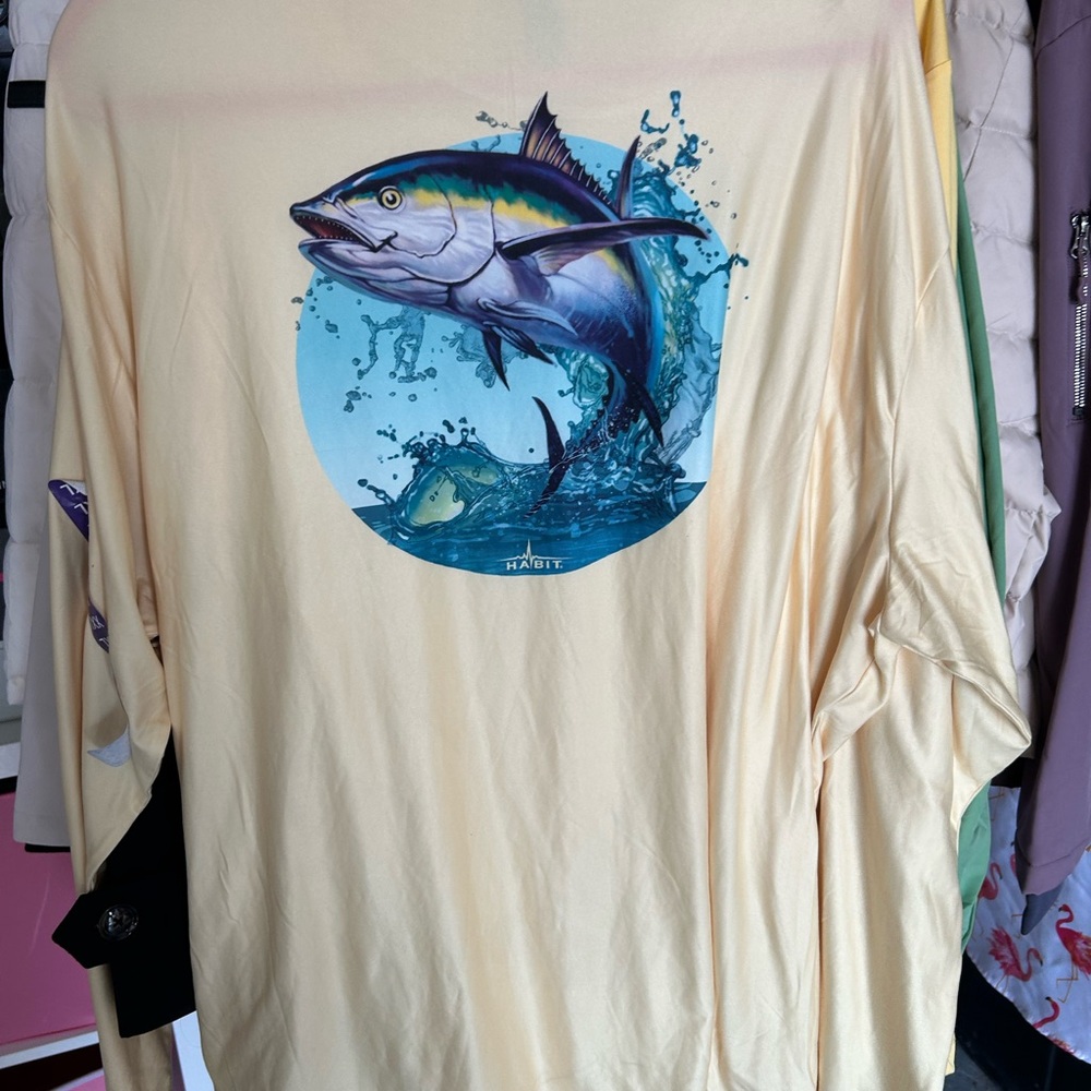 Men's Cream Performance Swim Rash Guard with Tuna Graphic no tags and